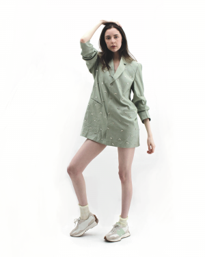 Mint Silver Pinstripe Bow Blazer
