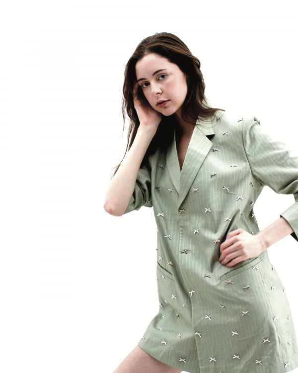 Mint Silver Pinstripe Bow Blazer - Image 3