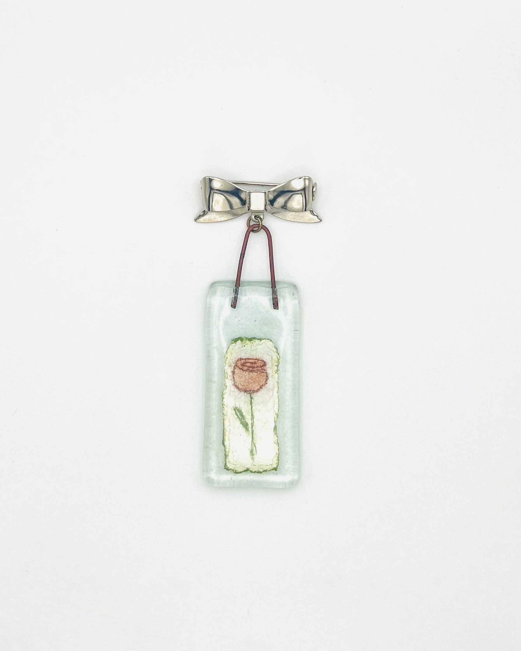 Silver Bow Glass charm Brooch