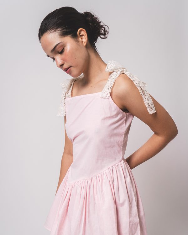 Pink and White Checks Gathered Short Dress - Image 3