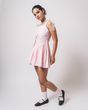 Pink and White Checks Gathered Short Dress